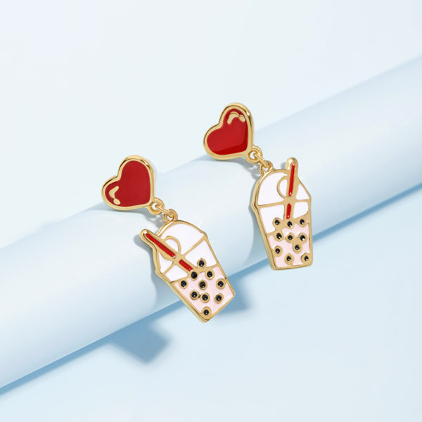 Juicy Grape Sweet Cute Pearl Milk Tea Earrings Women's Sterling 925 Silver Needle Pin Enamel Glazed Red Heart Earrings - Image 3