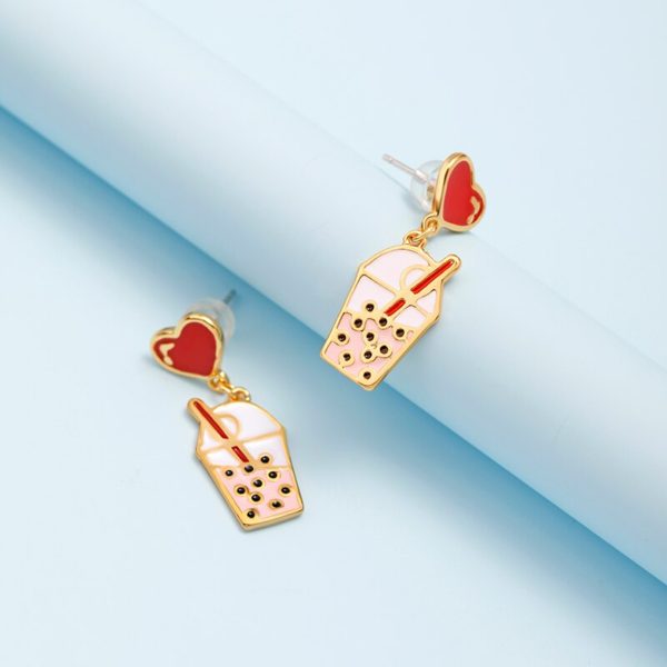 Juicy Grape Sweet Cute Pearl Milk Tea Earrings Women's Sterling 925 Silver Needle Pin Enamel Glazed Red Heart Earrings - Image 4