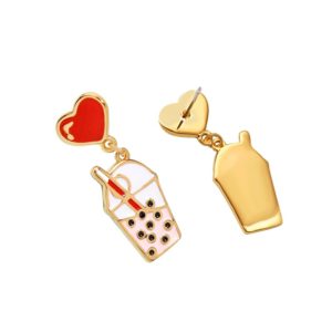 Juicy Grape Sweet Cute Pearl Milk Tea Earrings Women's Sterling 925 Silver Needle Pin Enamel Glazed Red Heart Earrings