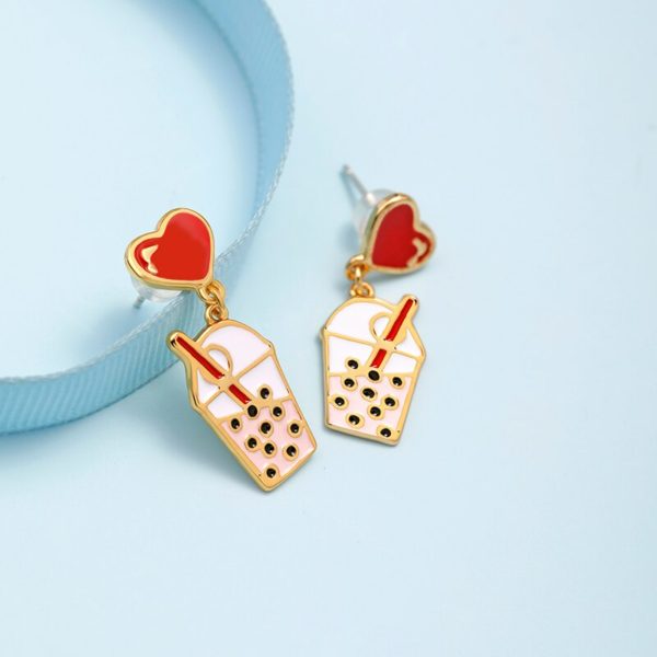 Juicy Grape Sweet Cute Pearl Milk Tea Earrings Women's Sterling 925 Silver Needle Pin Enamel Glazed Red Heart Earrings - Image 5