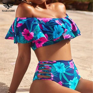 NAKIAEOI  Sexy Bikinis Women High Waist  Push Up Swimwear Flower Print Ruffle  Set Beach Wear Bathing Suit