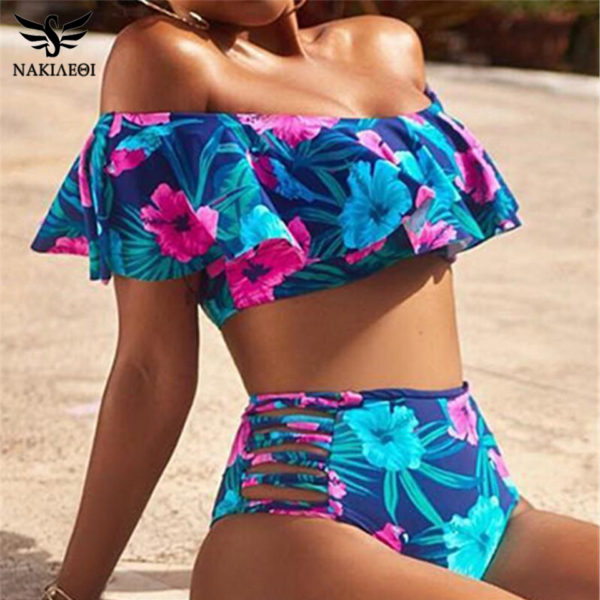 NAKIAEOI  Sexy Bikinis Women High Waist  Push Up Swimwear Flower Print Ruffle  Set Beach Wear Bathing Suit