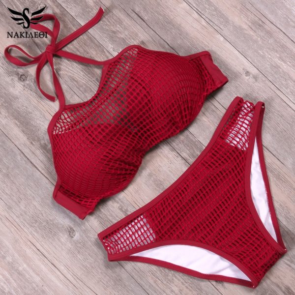 NAKIAEOI Newest Sexy Push Up Bikini Women Swimwear Mesh Halter Top  Brazilian Bikinis Beach Bathing Suits - Image 2