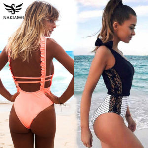 NAKIAEOI Sexy One Piece  Women Summer Beachwear Lace One Shoulder Swimwear Bathing Suits Bodysuit Monokini