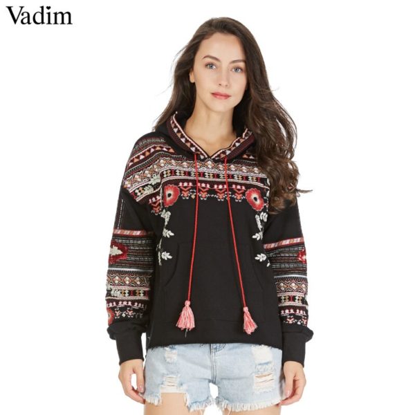 Vadim vintage totem geometric embroidery hooded sweatshirt oversized sequined long sleeve pullover casual tops sudaderas SW1211 - Image 2