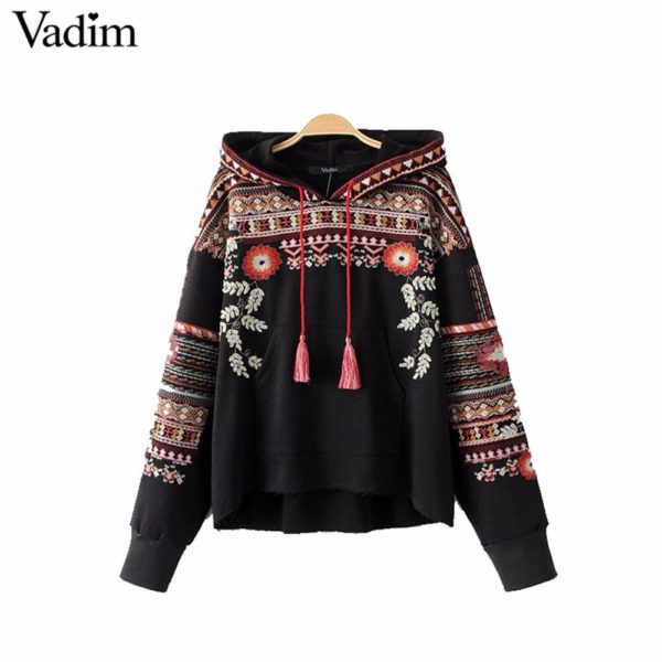 Vadim vintage totem geometric embroidery hooded sweatshirt oversized sequined long sleeve pullover casual tops sudaderas SW1211 - Image 3