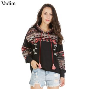 Vadim vintage totem geometric embroidery hooded sweatshirt oversized sequined long sleeve pullover casual tops sudaderas SW1211