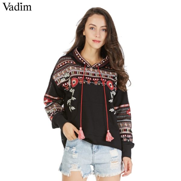 Vadim vintage totem geometric embroidery hooded sweatshirt oversized sequined long sleeve pullover casual tops sudaderas SW1211
