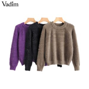Vadim women basic Mohair knitted sweater short style long sleeve vintage loose warm pullovers female solid casual tops HA171