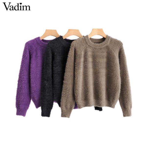 Vadim women basic Mohair knitted sweater short style long sleeve vintage loose warm pullovers female solid casual tops HA171