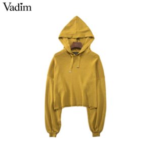 Vadim women basic hooded knitted sweatshirts long sleeve short style pleated pullovers female loose elastic cute tops HA013