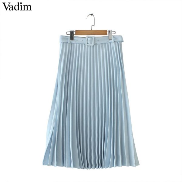 Vadim women basic pleated midi skirt with belt faldas mujer side zipper office wear female casual solid mid calf skirts BA424 - Image 2