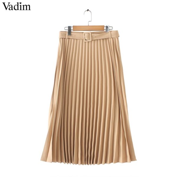 Vadim women basic pleated midi skirt with belt faldas mujer side zipper office wear female casual solid mid calf skirts BA424 - Image 3