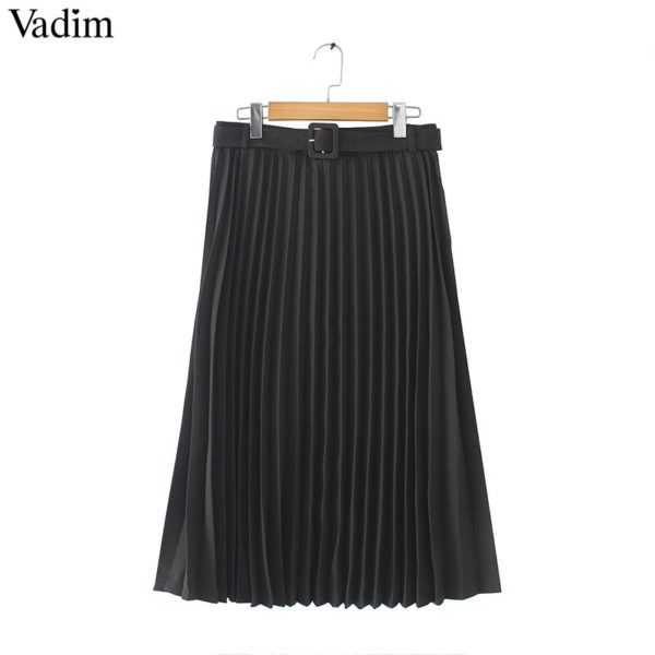 Vadim women basic pleated midi skirt with belt faldas mujer side zipper office wear female casual solid mid calf skirts BA424 - Image 4