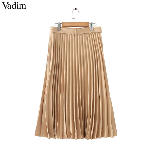 Vadim women basic pleated midi skirt with belt faldas mujer side zipper office wear female casual solid mid calf skirts BA424 - Image 5
