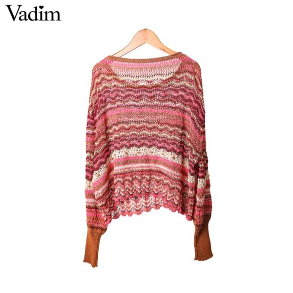 Vadim women basic striped knitted sweater long sleeve stretchy oversized short style pullovers fashion O neck chic tops HA401 - Image 2