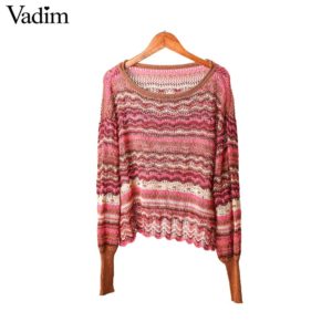 Vadim women basic striped knitted sweater long sleeve stretchy oversized short style pullovers fashion O neck chic tops HA401