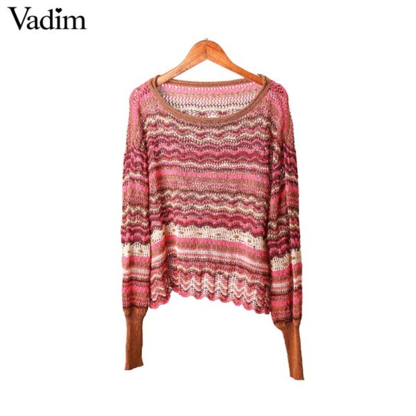 Vadim women basic striped knitted sweater long sleeve stretchy oversized short style pullovers fashion O neck chic tops HA401