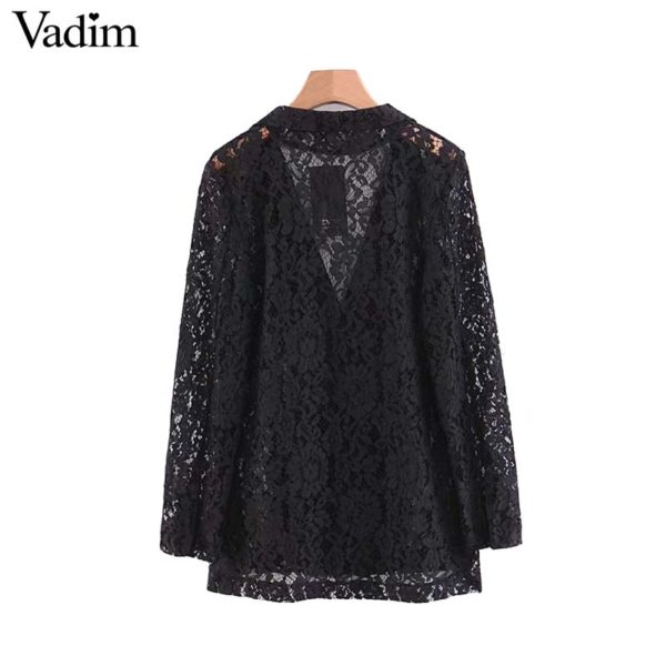Vadim women black lace blazer double breasted long sleeve notched collar jacket coat female outwear transparent top CA367 - Image 2