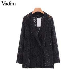 Vadim women black lace blazer double breasted long sleeve notched collar jacket coat female outwear transparent top CA367