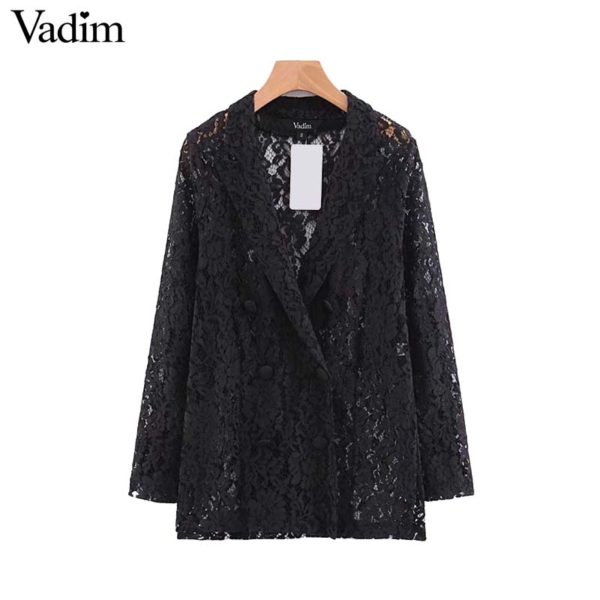 Vadim women black lace blazer double breasted long sleeve notched collar jacket coat female outwear transparent top CA367