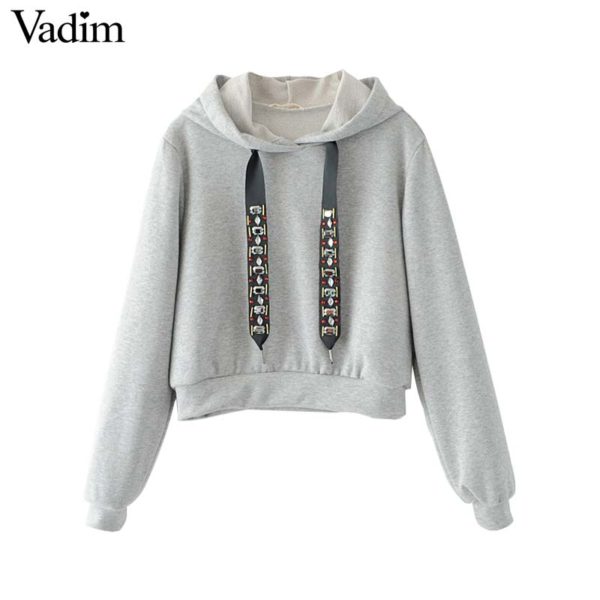Vadim women casual hooded short sweatshirt diamond tie long sleeve black gray pullover ladies autumn tops sudaderas SW1229 - Image 3