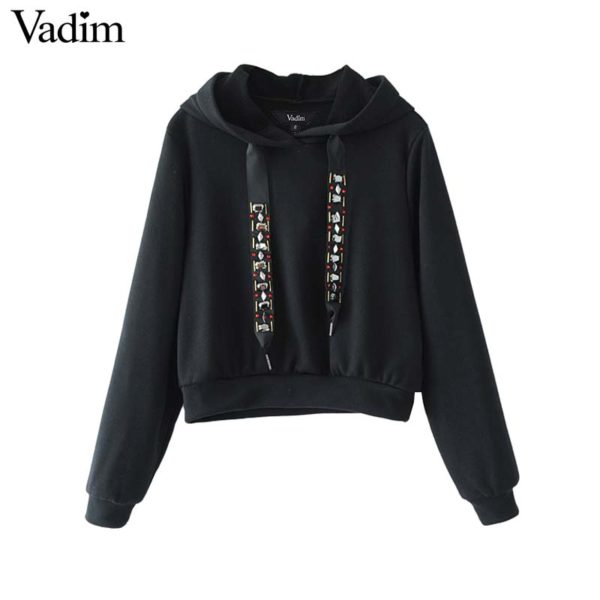 Vadim women casual hooded short sweatshirt diamond tie long sleeve black gray pullover ladies autumn tops sudaderas SW1229 - Image 4