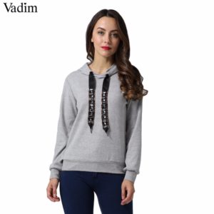 Vadim women casual hooded short sweatshirt diamond tie long sleeve black gray pullover ladies autumn tops sudaderas SW1229