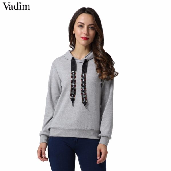 Vadim women casual hooded short sweatshirt diamond tie long sleeve black gray pullover ladies autumn tops sudaderas SW1229