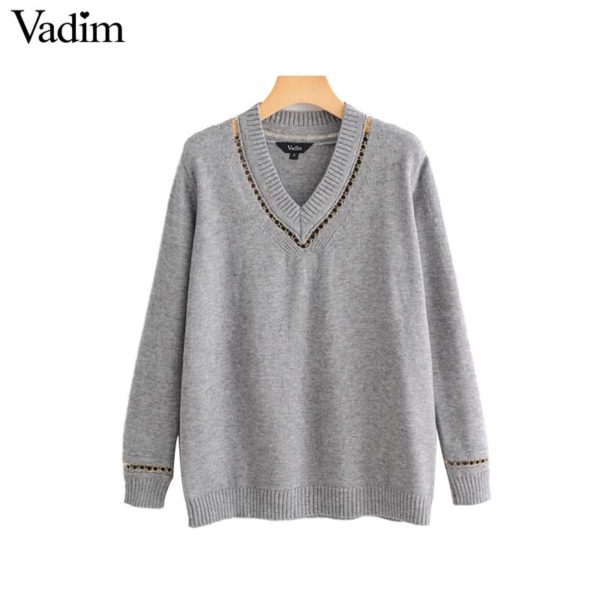 Vadim women chain patchwork knitted sweater V neck preppy style long sleeve pullovers female cute stretchy casual tops HA194 - Image 2