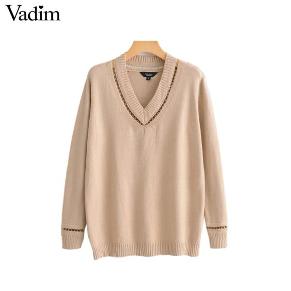 Vadim women chain patchwork knitted sweater V neck preppy style long sleeve pullovers female cute stretchy casual tops HA194 - Image 3