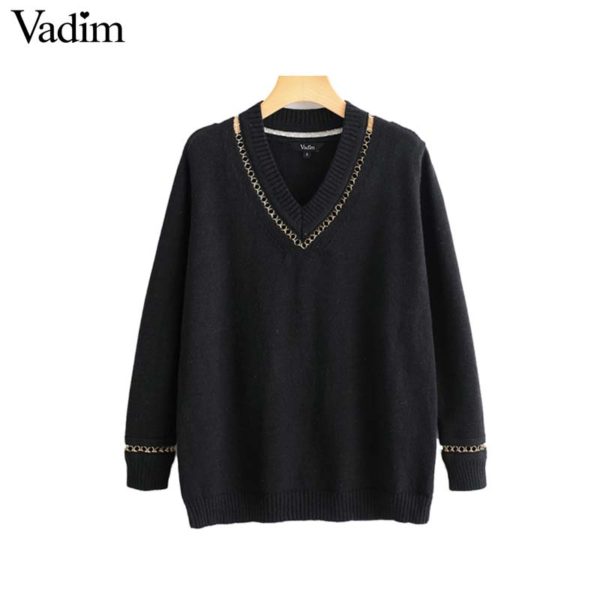 Vadim women chain patchwork knitted sweater V neck preppy style long sleeve pullovers female cute stretchy casual tops HA194 - Image 4