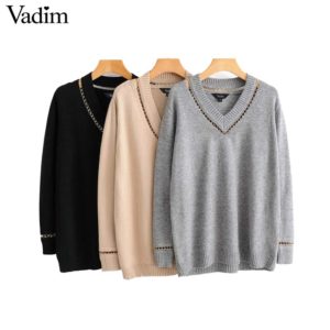Vadim women chain patchwork knitted sweater V neck preppy style long sleeve pullovers female cute stretchy casual tops HA194