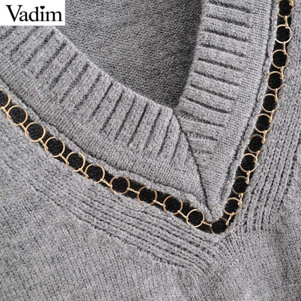 Vadim women chain patchwork knitted sweater V neck preppy style long sleeve pullovers female cute stretchy casual tops HA194 - Image 5
