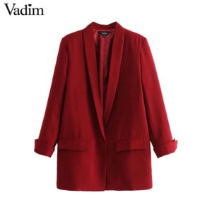 Vadim women chic black red blazer pockets single button long sleeve office wear coat solid female casual outerwear tops CA330