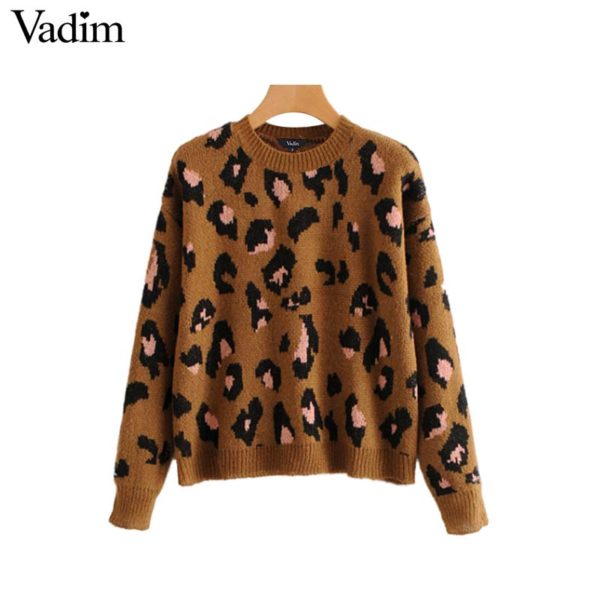 Vadim women chic leopard knitted loose sweaters animal pattern long sleeve o neck stretchy pullovers vintage female tops HA174 - Image 2