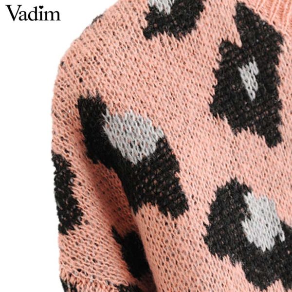 Vadim women chic leopard knitted loose sweaters animal pattern long sleeve o neck stretchy pullovers vintage female tops HA174 - Image 4