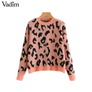 Vadim women chic leopard knitted loose sweaters animal pattern long sleeve o neck stretchy pullovers vintage female tops HA174