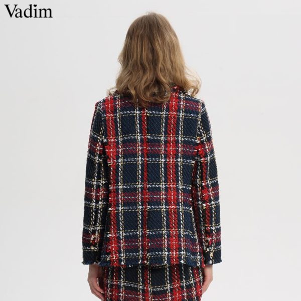 Vadim women chic plaid tweed blazer pockets fringe tassel long sleeve coat buttons decoration female casual outerwear tops CA228 - Image 2