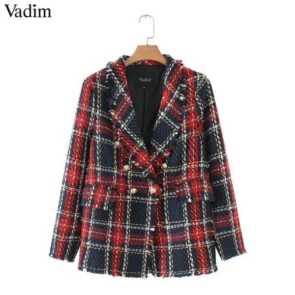 Vadim women chic plaid tweed blazer pockets fringe tassel long sleeve coat buttons decoration female casual outerwear tops CA228 - Image 3
