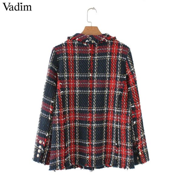 Vadim women chic plaid tweed blazer pockets fringe tassel long sleeve coat buttons decoration female casual outerwear tops CA228 - Image 4