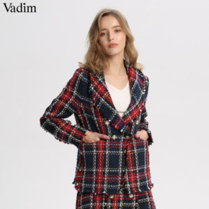 Vadim women chic plaid tweed blazer pockets fringe tassel long sleeve coat buttons decoration female casual outerwear tops CA228