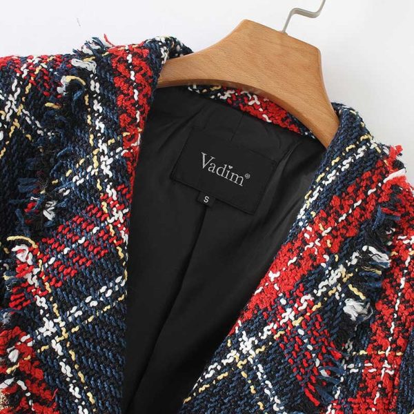 Vadim women chic plaid tweed blazer pockets fringe tassel long sleeve coat buttons decoration female casual outerwear tops CA228 - Image 5
