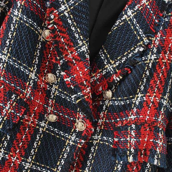 Vadim women chic plaid tweed blazer pockets fringe tassel long sleeve coat buttons decoration female casual outerwear tops CA228 - Image 6