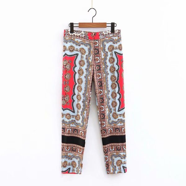 Vadim women chic prints straight pants zipper fly style elastic waist pockets ankle length trousers vintage pantalones KA627