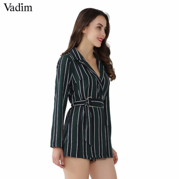 Vadim women chic striped playsuits bow tie sashes Notched collar office lady wear jumpsuits slim causal brand rompers KZ1128 - Image 2