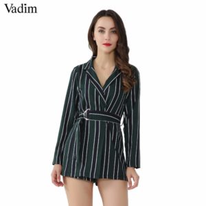 Vadim women chic striped playsuits bow tie sashes Notched collar office lady wear jumpsuits slim causal brand rompers KZ1128