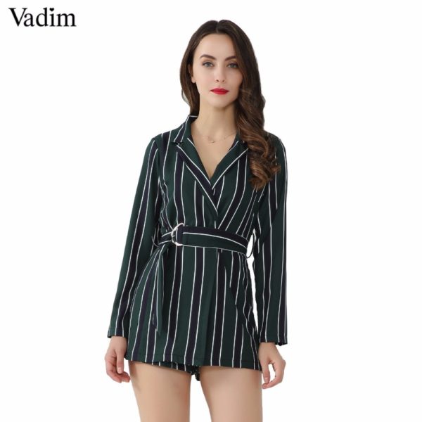 Vadim women chic striped playsuits bow tie sashes Notched collar office lady wear jumpsuits slim causal brand rompers KZ1128
