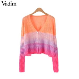Vadim women colourful striped knitted cardigans V neck stretchy long sleeve single breasted female casual outwear sweater HA390