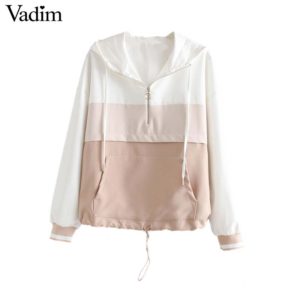 Vadim women elegant patchwork hooded loose jacket pockets Drawstring tie coat female casual outerwear fashion chic tops CA440
